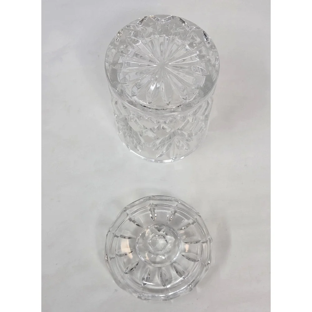 Cut Lead Crystal Biscuit Jar Lidded Diamond Fan Pattern Faceted Knob Candy Dish
